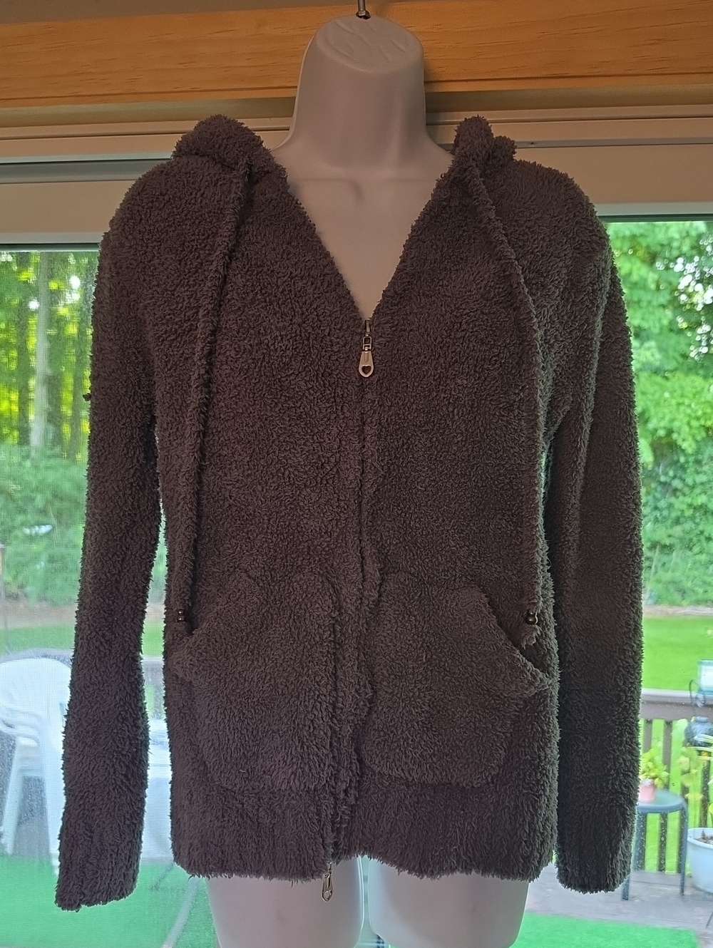 POL Plush Hooded Zip Jacket in Dark Gray